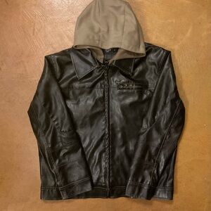 Forcast Black Leather Jacket with Tan Hood
